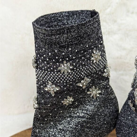 Badgley Mischka Viva Peep Toe Sock Bootie Heels Women’s Size 6.5 Black Silver - Picture 8 of 15